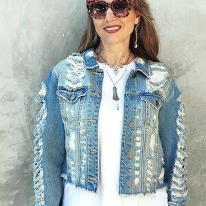 Super Cool, Artistic Ripped Jean Jacket with Super Long Fringes
